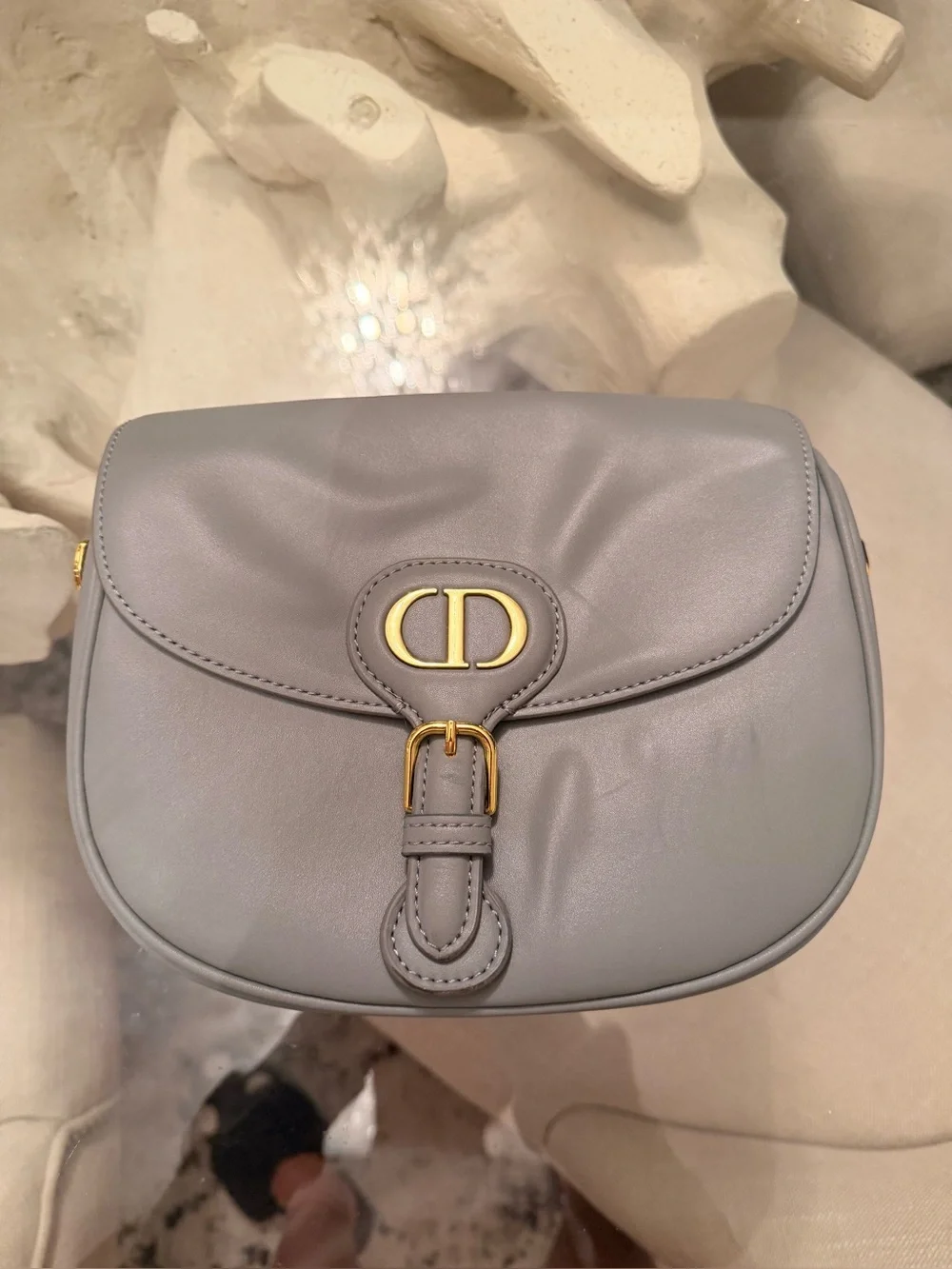 Christian dior Light Gray Leather Saddle Crossbody with Gold CD Hardware